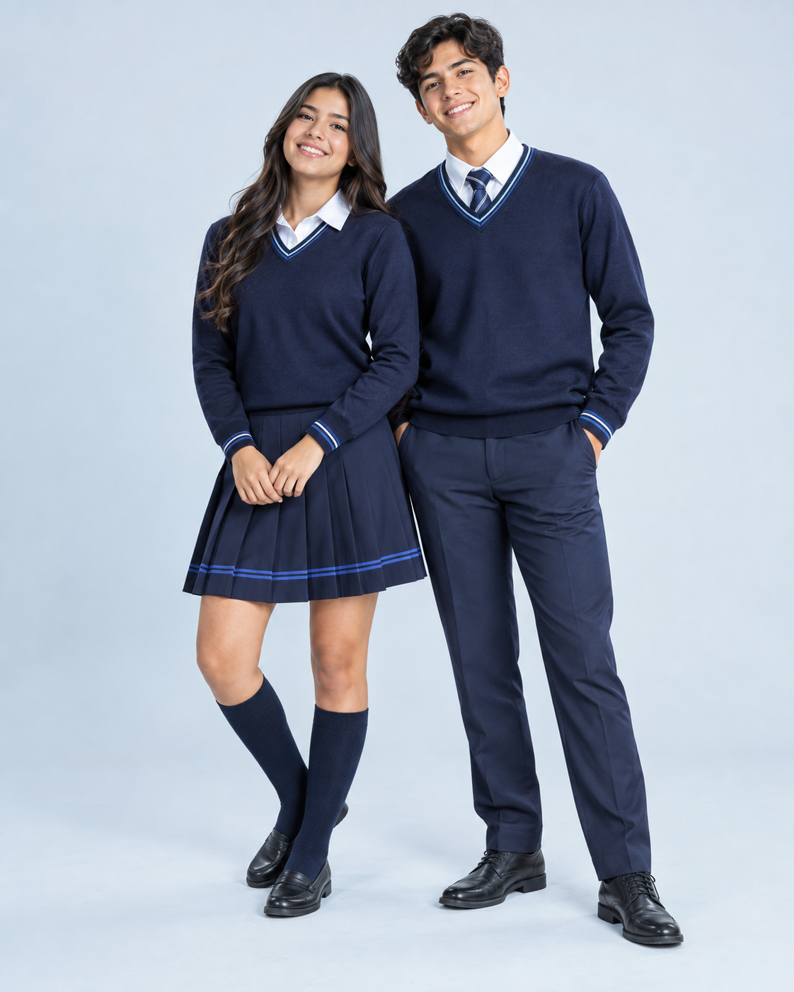 Jóvenes latinoamericanos con uniformes escolares de Grupo Línea Azul
