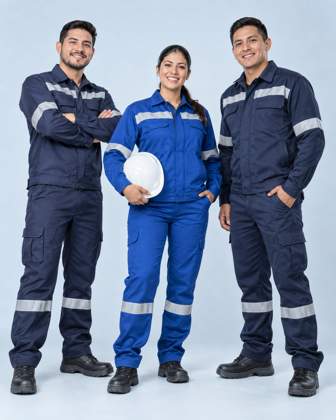 Equipo latinoamericano con uniformes industriales y reflectivos